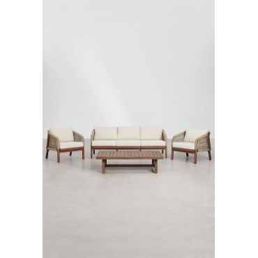 Dubai Acacia Wood Garden Set With 3-seater Sofa, 2 Armchairs, And Coffee Table Gardenia White & Dark Acacia Brown - Sklum
