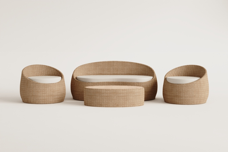 Garden set with 3-seater sofa, 2 armchairs, and coffee table in acacia wood and Clarnyx rattan