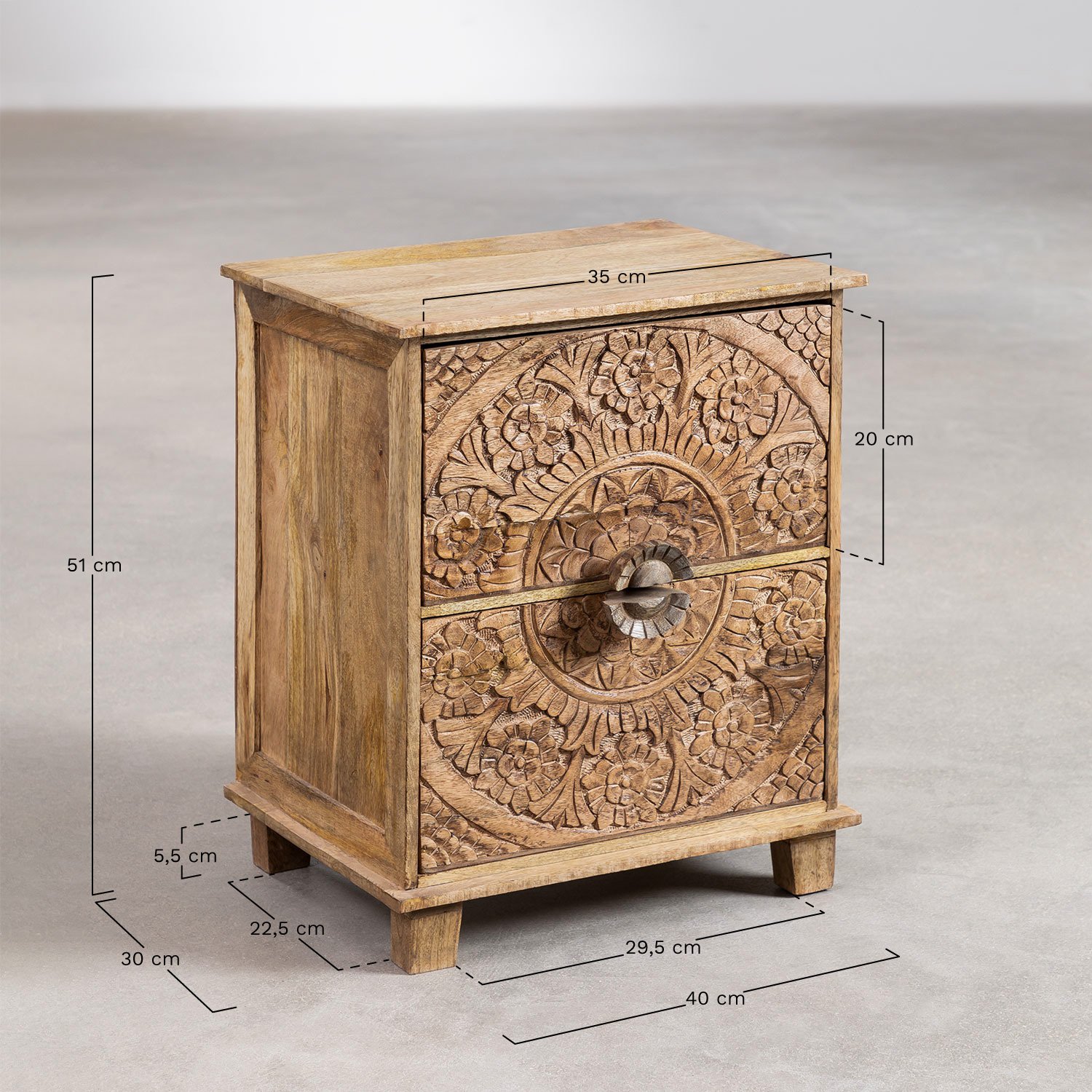 Pack of 2 rectangular nightstands 40x30 cm in Wiluna mango wood, medidas