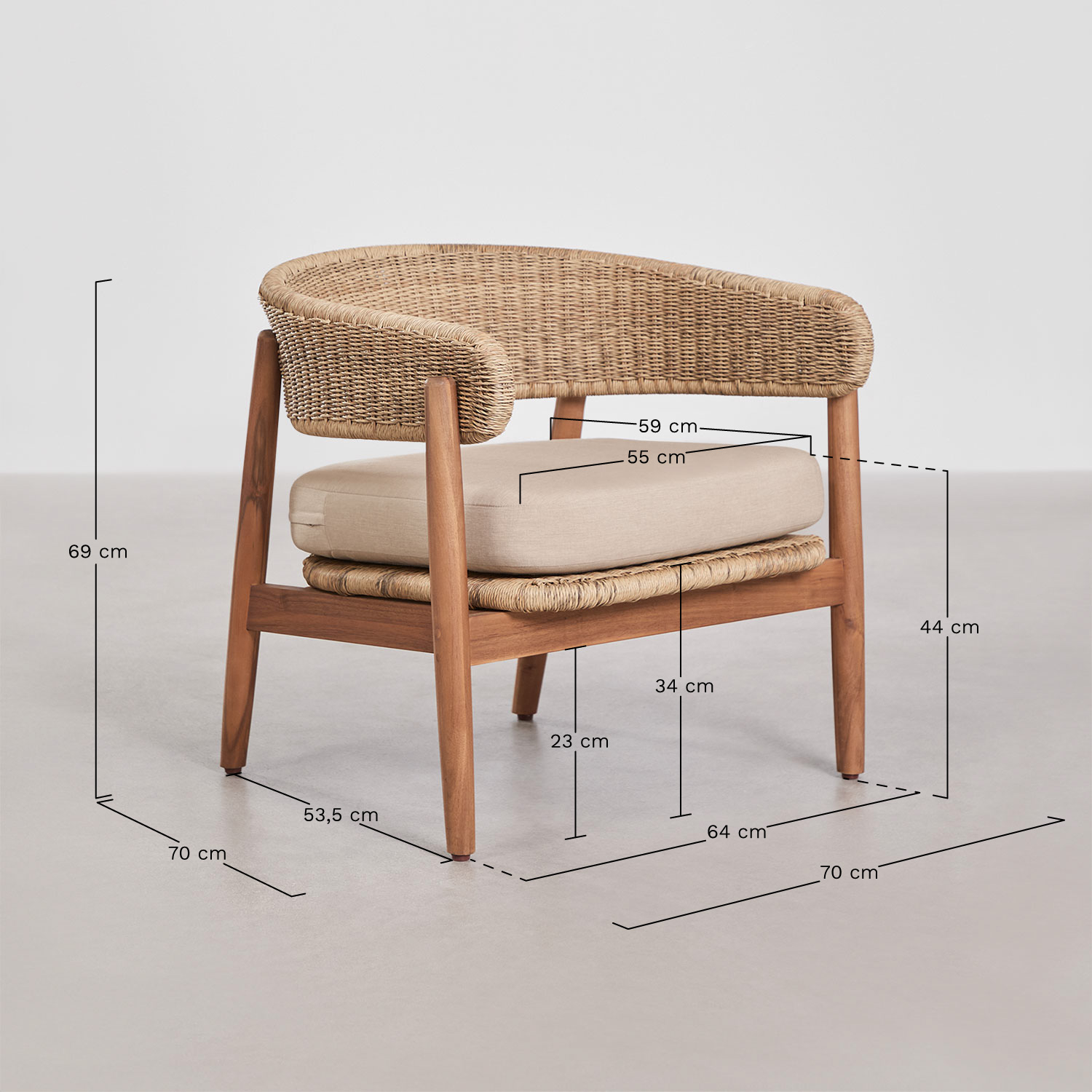 Ribeira garden armchair in acacia wood and synthetic rattan, medidas