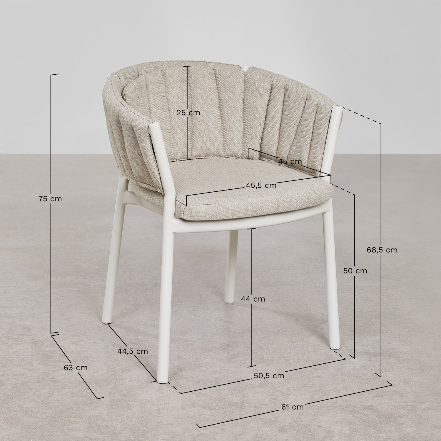 2-pack dining chairs with armrests in aluminum and fabric Roderise, medidas