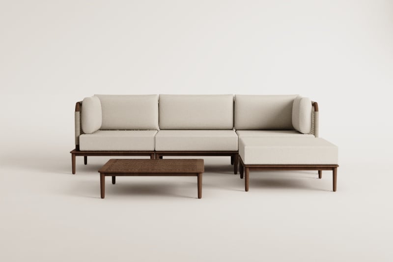 Giulia 3-piece modular garden sofa set with 2 corner armchairs, coffee table, and pouf in acacia