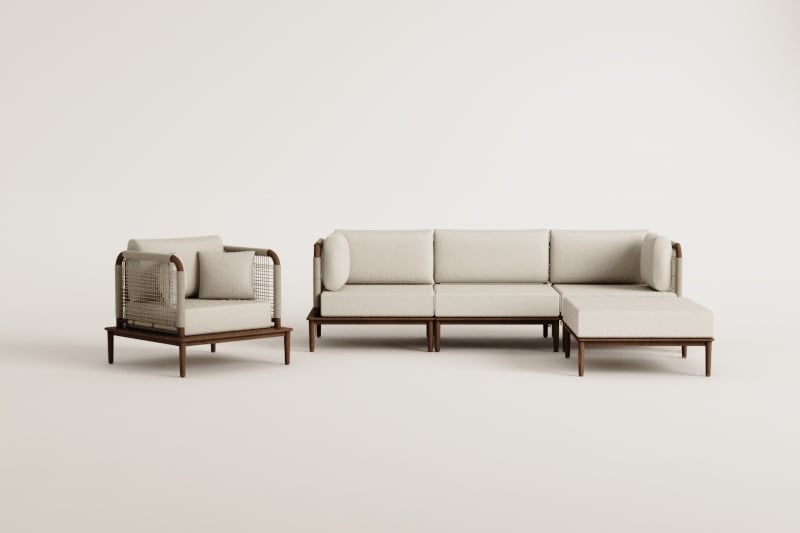 3-piece modular sofa garden set with 2 corner armchairs, pouf, and armchair in acacia Giulia
