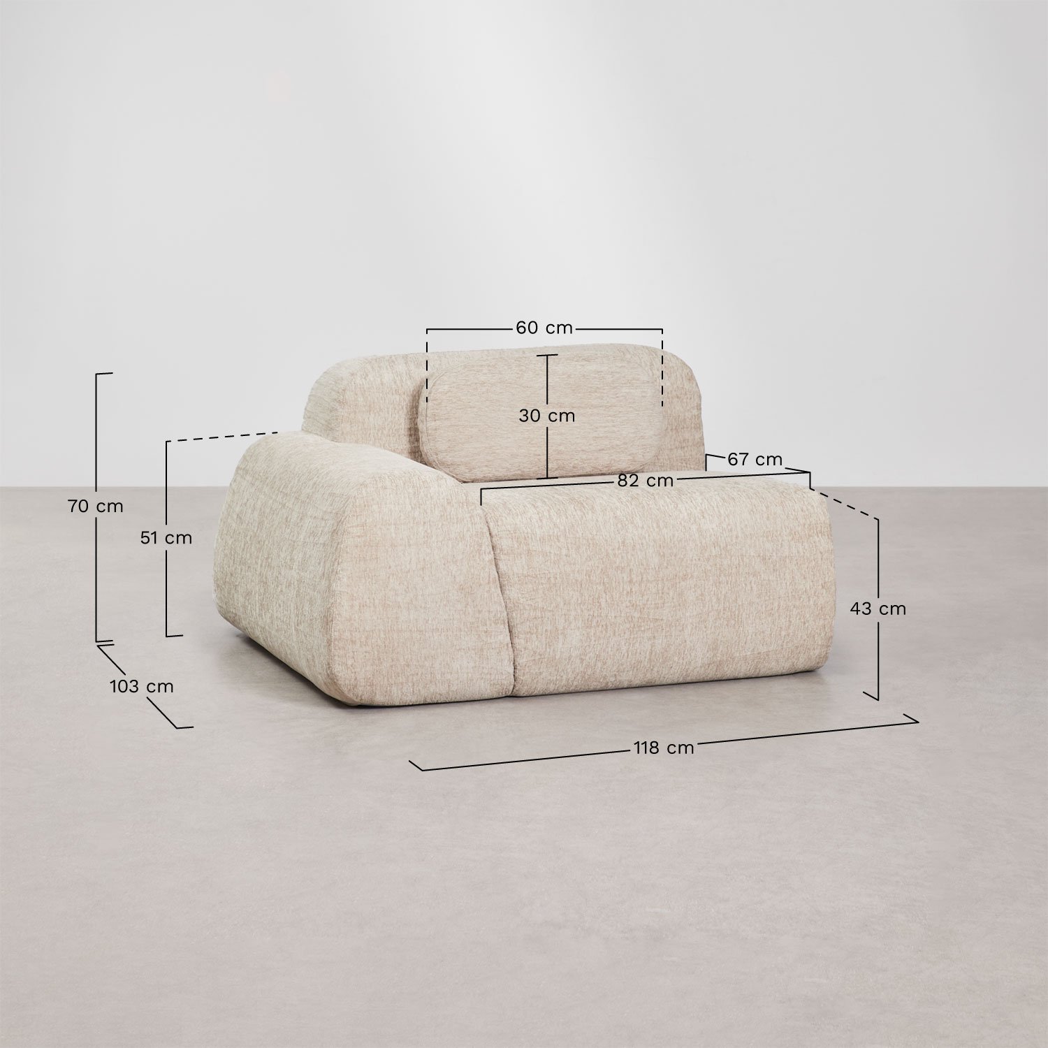 Left corner module with armrest for modular sofa in vacuum-packed chenille Merida, medidas