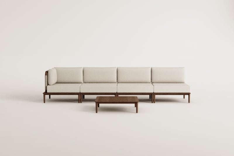 Living room set with 4-piece modular corner sofa and acacia Giulia coffee table