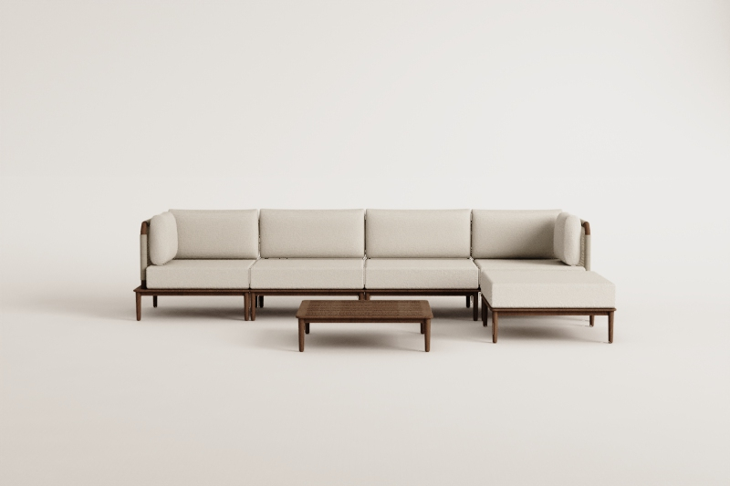 Giulia 4-piece modular garden sofa set with 2 corner armchairs, coffee table, and pouf in acacia