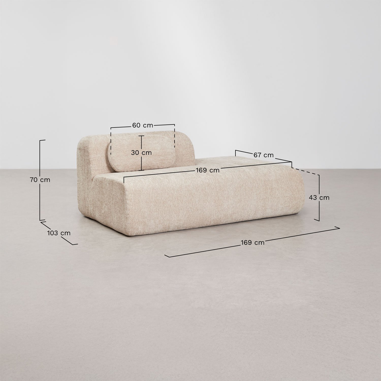 Right chaise module for modular sofa in vacuum-packed chenille Merida, medidas