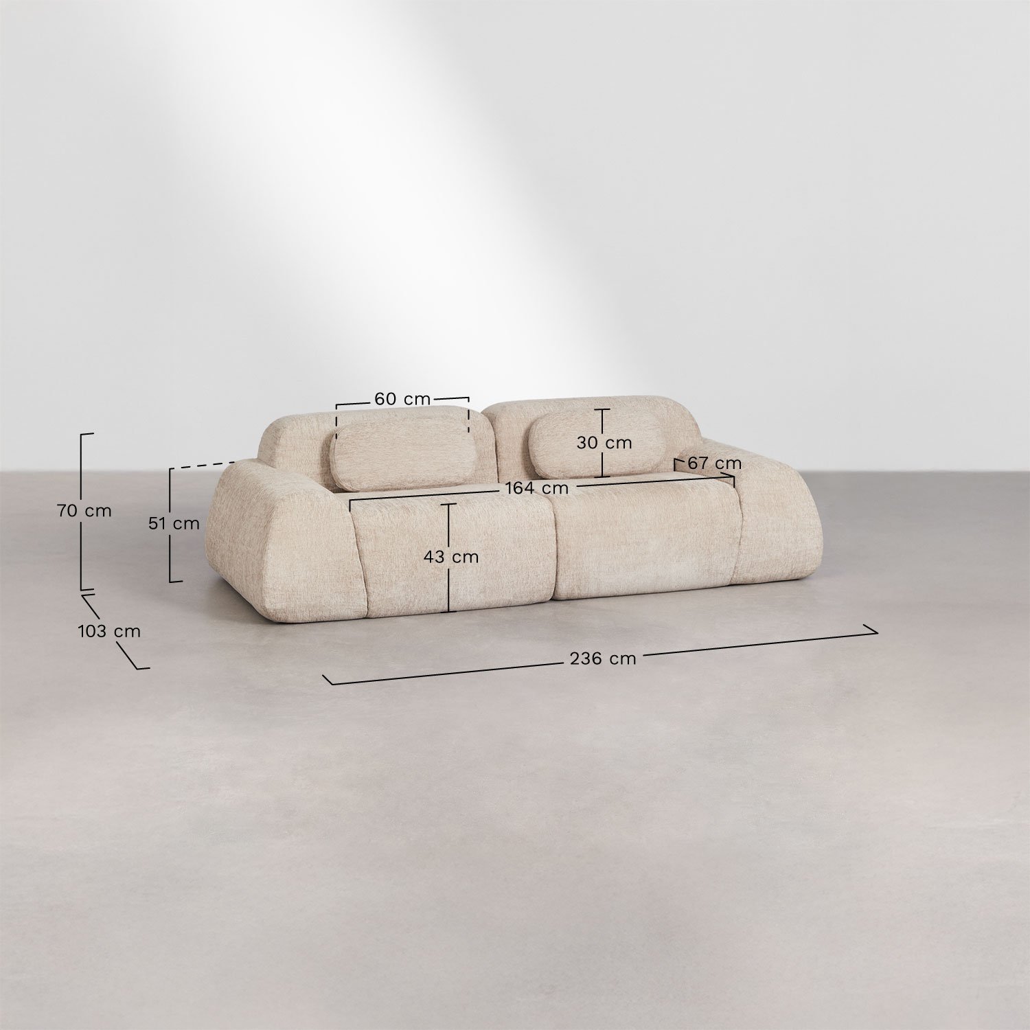 2-piece modular sofa in vacuum-packed chenille Merida, medidas