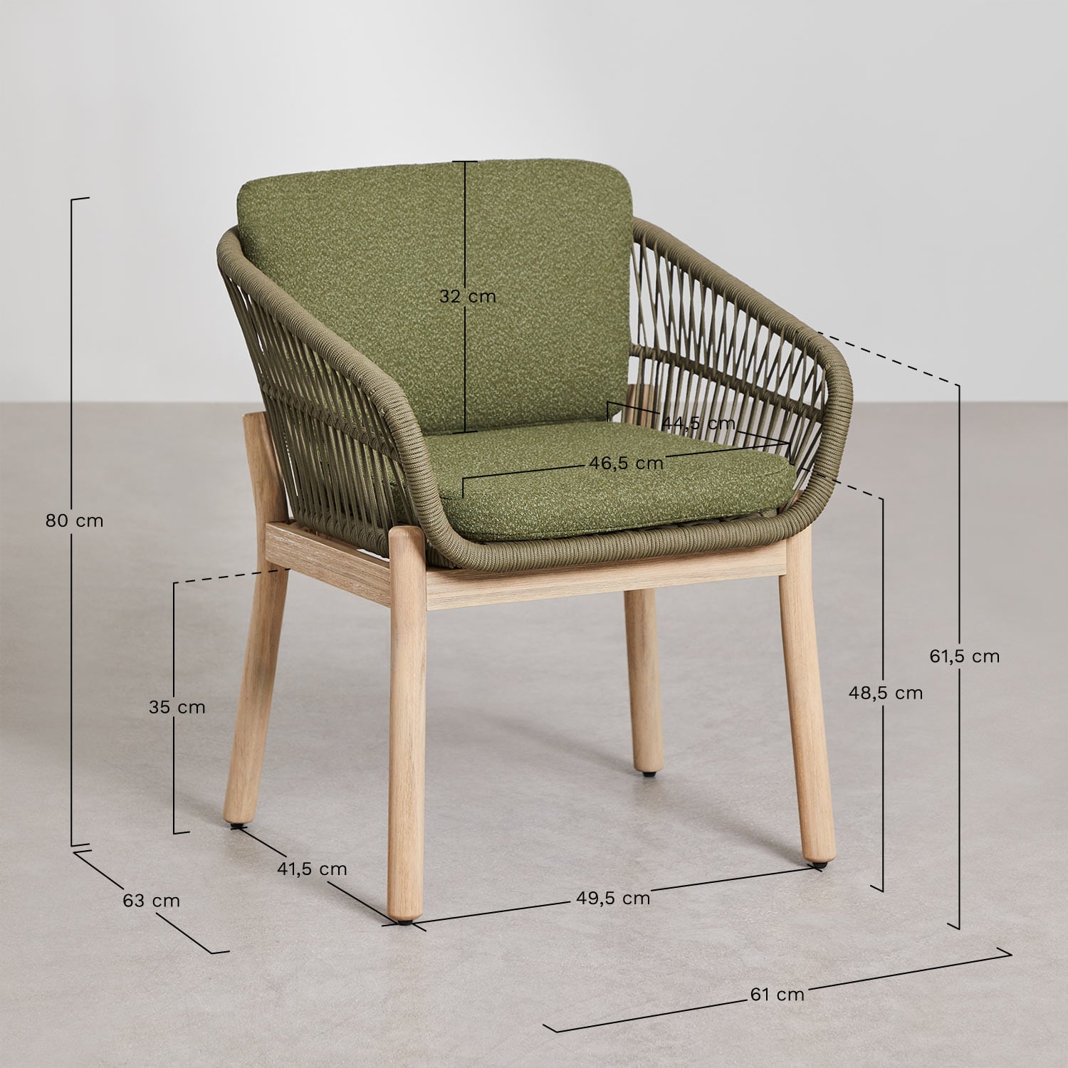 Karvia garden chair with acacia wood armrests and braided rope, medidas