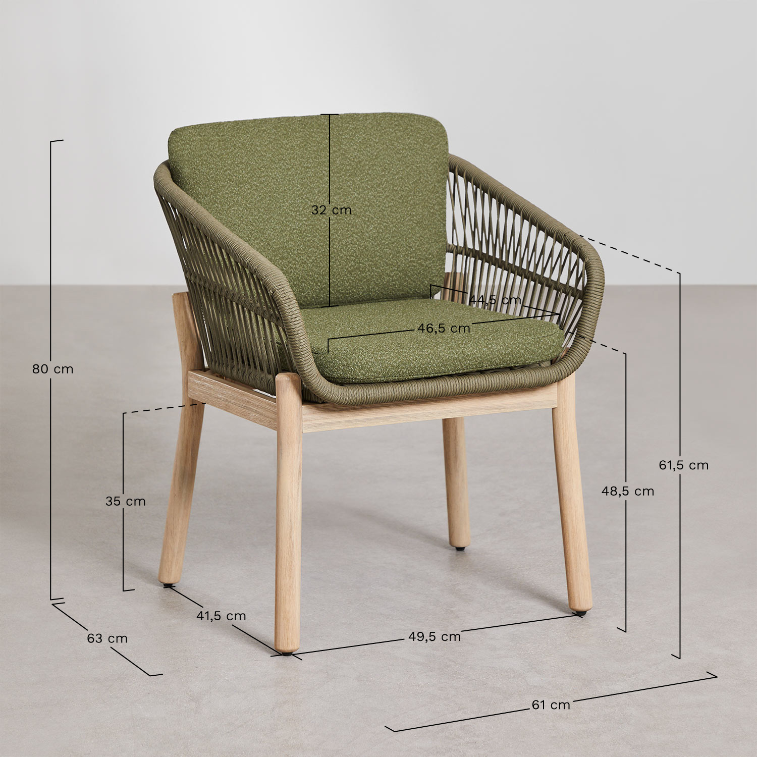 Rectangular table set 220x100 cm and 8 dining chairs in acacia wood and braided rope Karvia, medidas