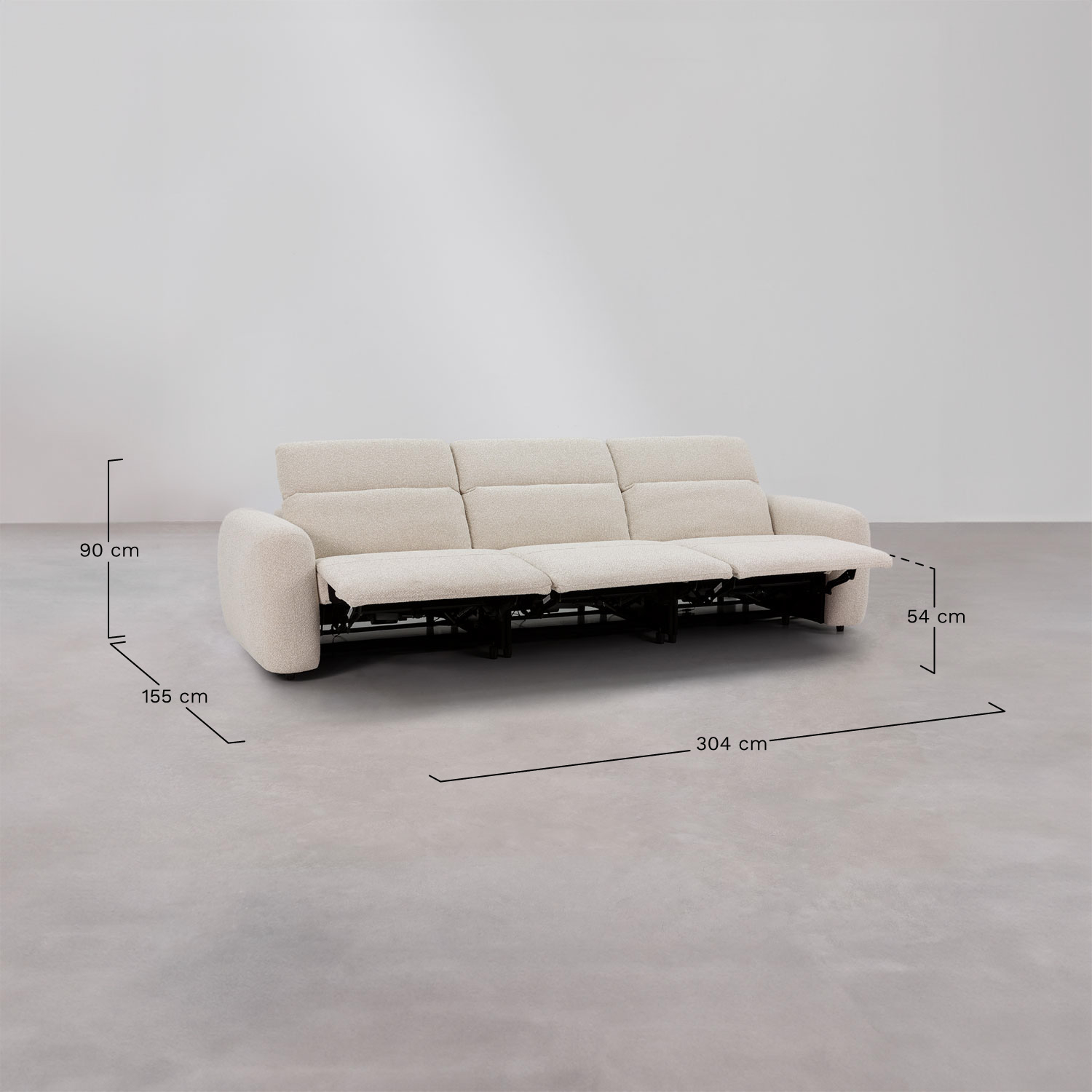 Living room set with 3-seater electric reclining sofa and Peggy chenille armchair, medidas
