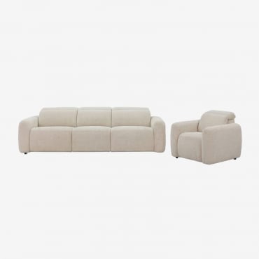 Living Room Set With 3-seater Electric Reclining Sofa And Peggy Chenille Armchair Cream Beige Chenille - Sklum