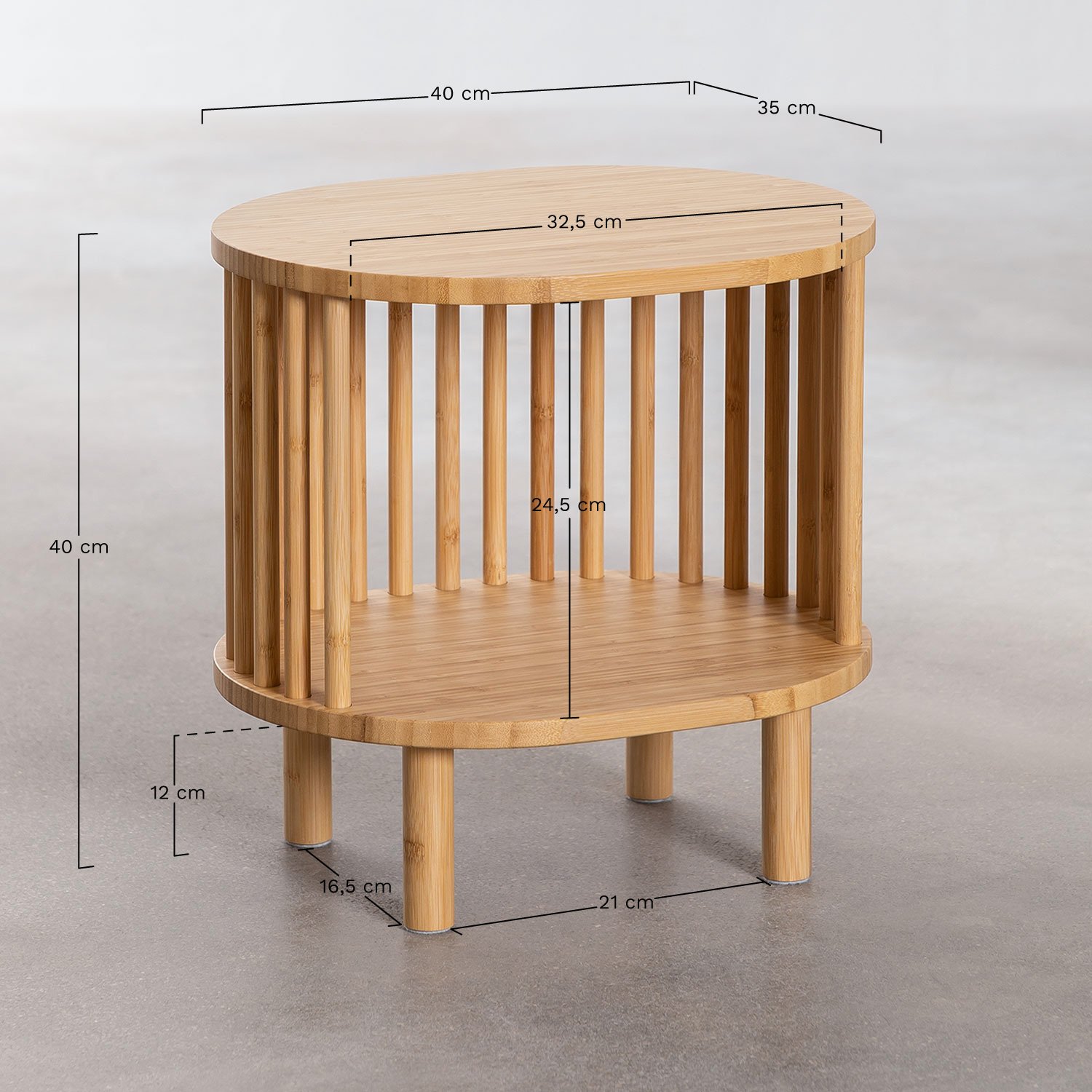 Connery oval bedside table 40x35 cm in bamboo, medidas