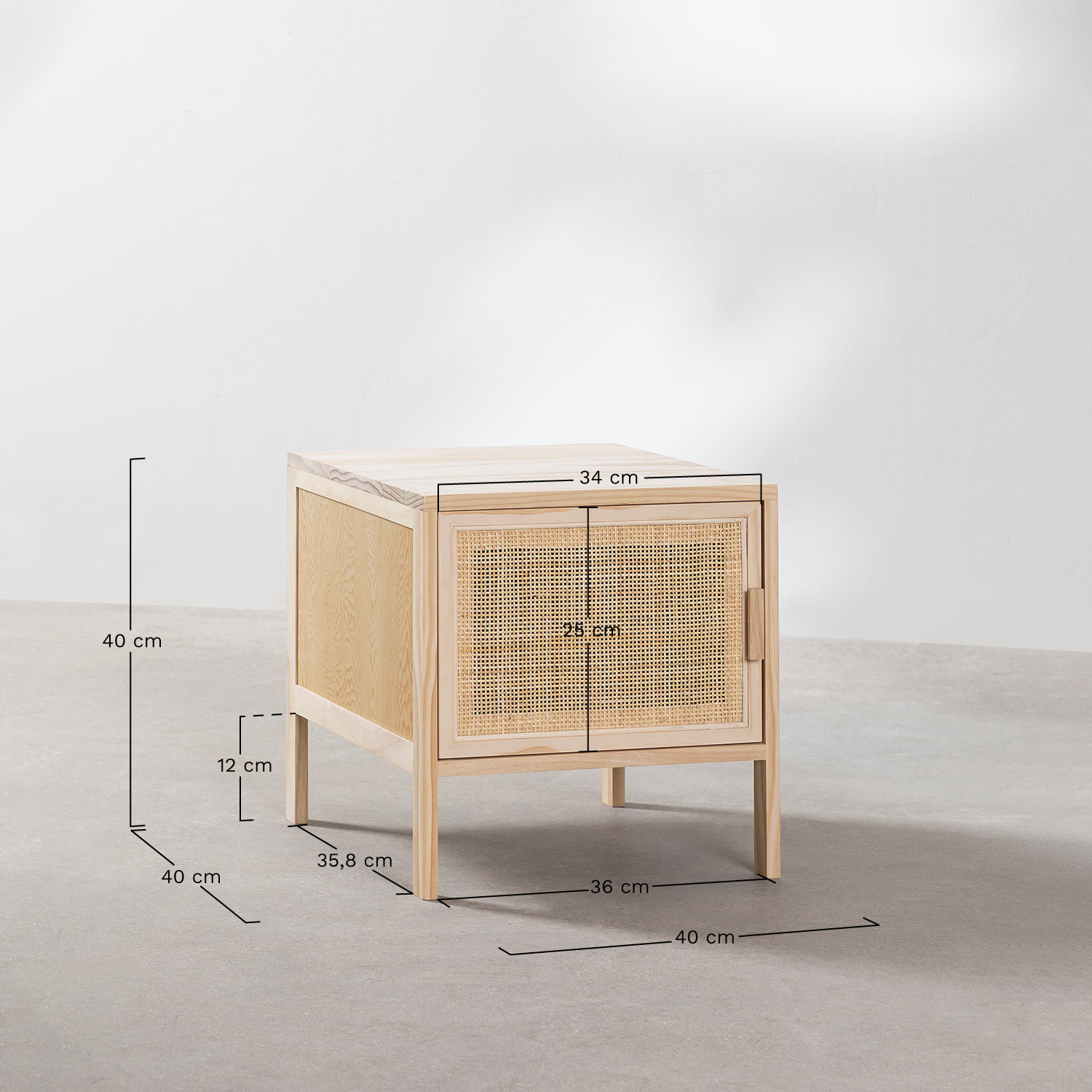 Pack of 2 square 40x40 cm nightstands in rattan and wood Reyna, medidas