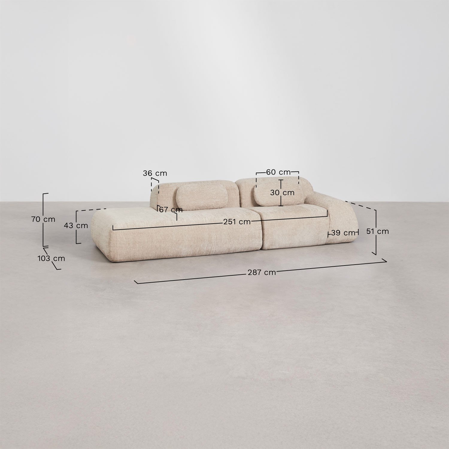 2-piece left chaise modular corner sofa in vacuum-packed chenille Merida, medidas