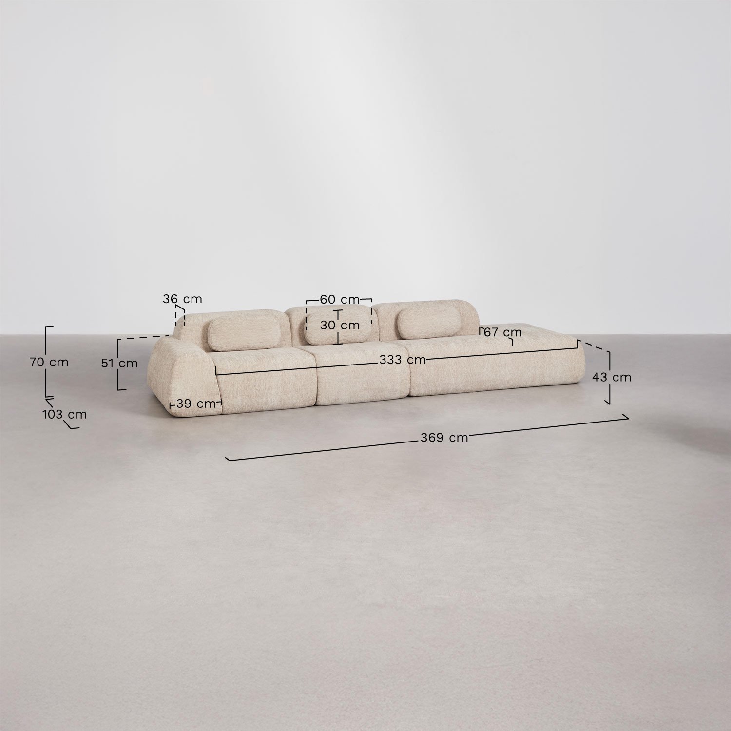 3-piece right chaise modular sofa in vacuum-packed chenille Merida, medidas