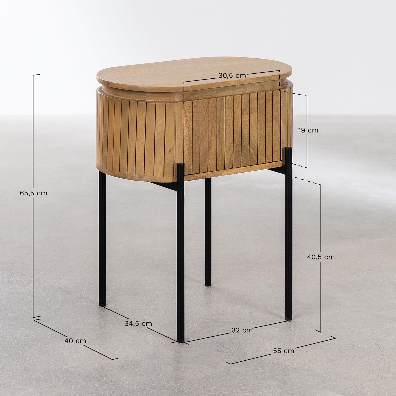 Oval bedside table 55x40 cm in mango wood Analis, medidas