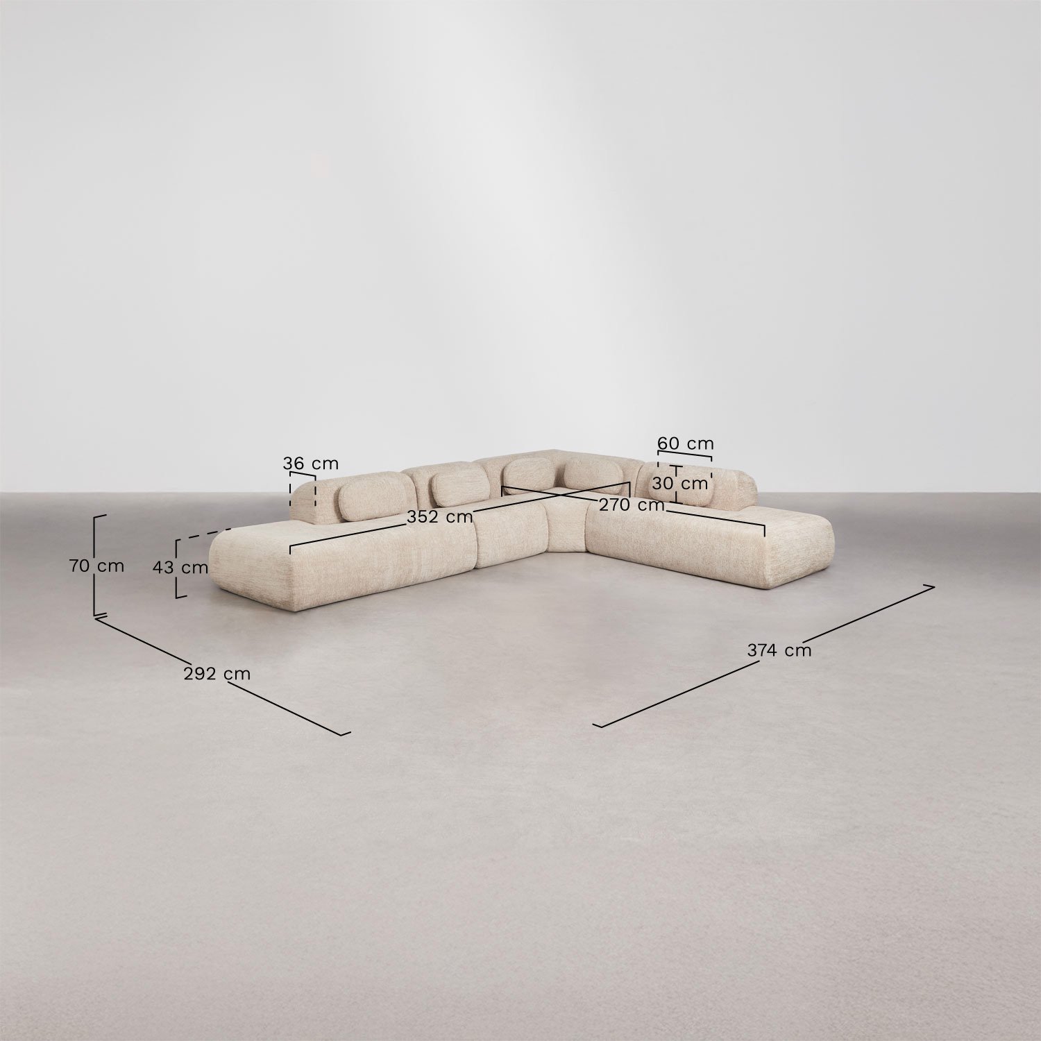 4-piece modular corner sofa with double chaise longue in vacuum-packed chenille Merida, medidas