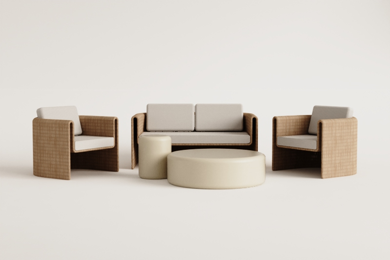 Garden set with 2-seater sofa, 2 armchairs in steel and synthetic wicker Lina, and 2 cement Fonelas coffee tables