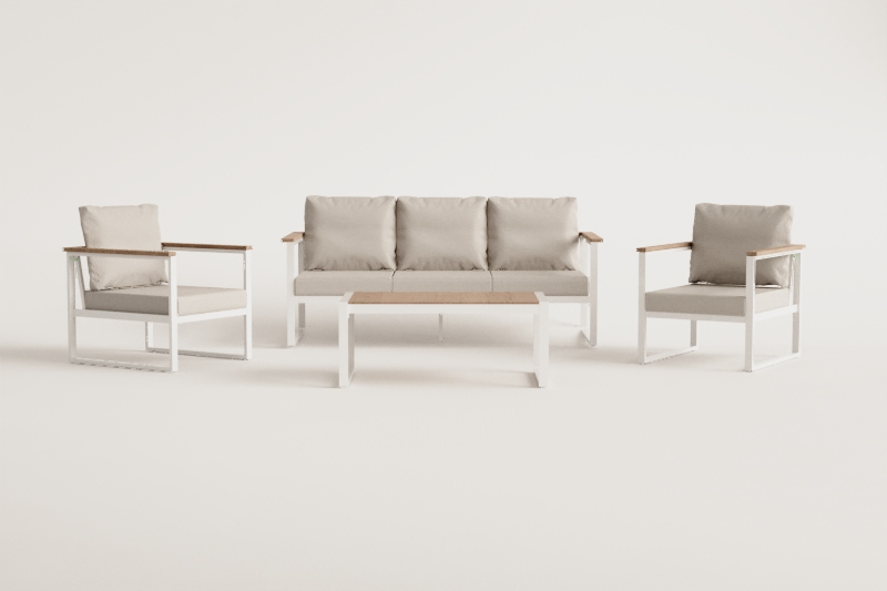 Garden set with a 3-seater sofa, 2 armchairs, and a coffee table in aluminum and Lipov acacia wood.