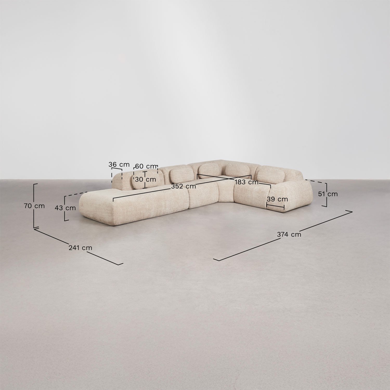 4-piece left chaise modular corner sofa in vacuum-packed chenille Mérida, medidas