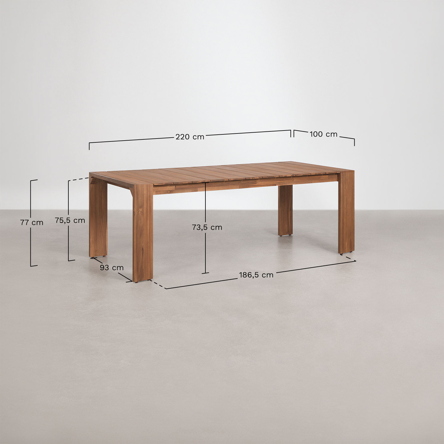 Rectangular 220x100 cm garden table in acacia wood Mirelen, medidas