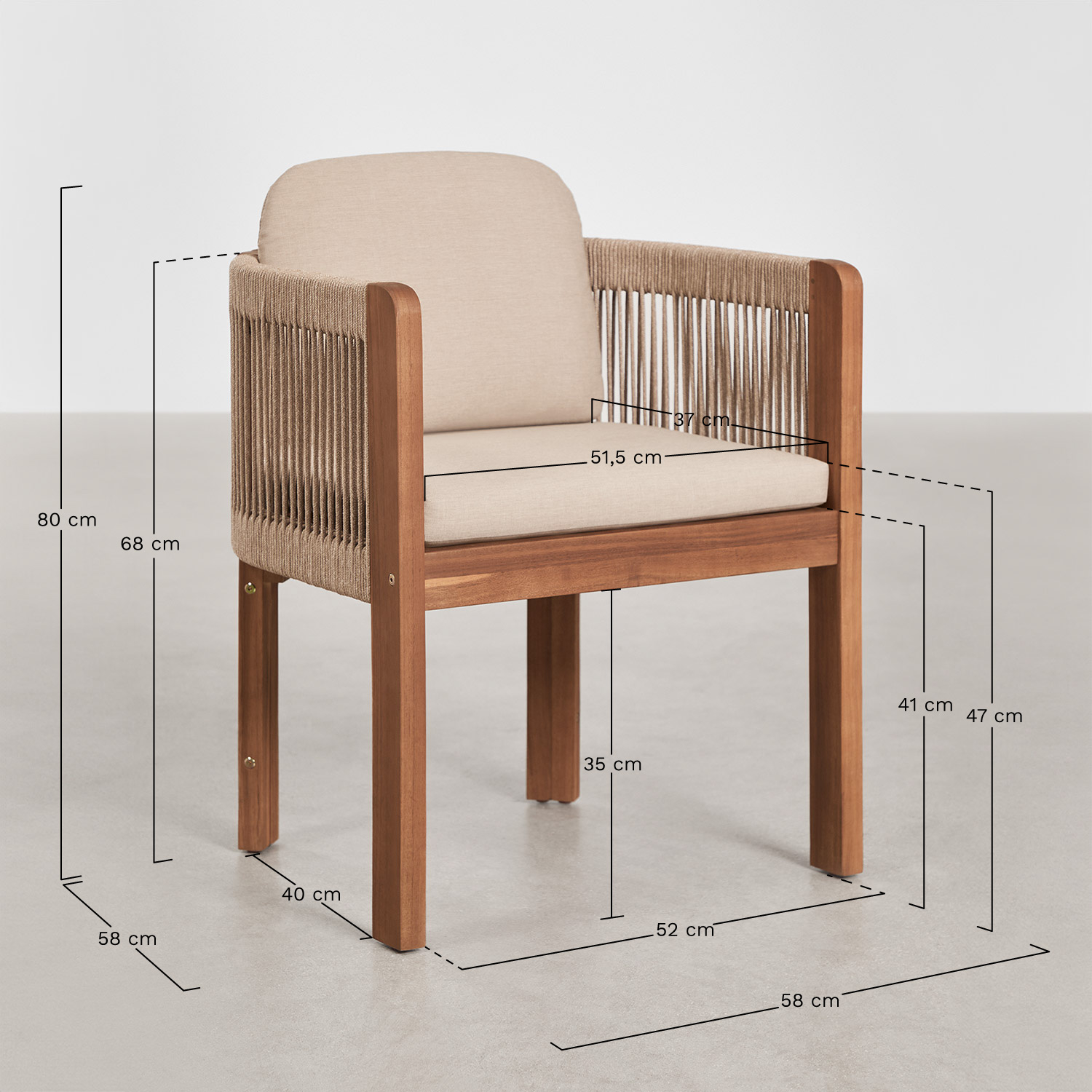 Pack of 4 garden chairs with armrests in acacia wood and Serel braided rope, medidas
