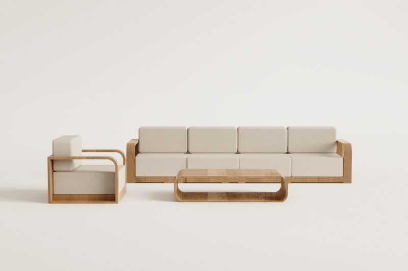 4-piece modular garden sofa set with armrests, armchair, and coffee table in Brivori acacia wood