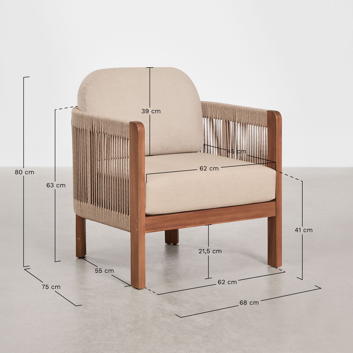 Serel acacia wood garden set with 2 armchairs and coffee table, medidas