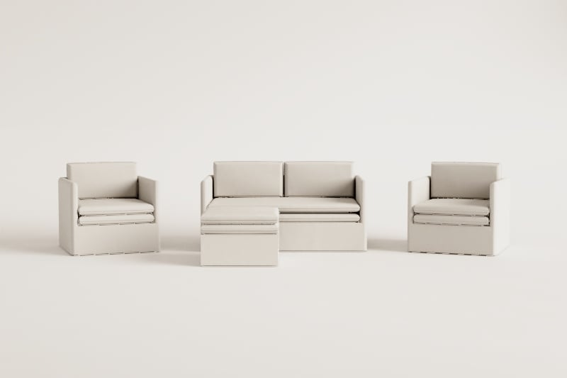 Living room set with a 2-seater sofa, 2 armchairs and a pouf in linen and cotton Grace