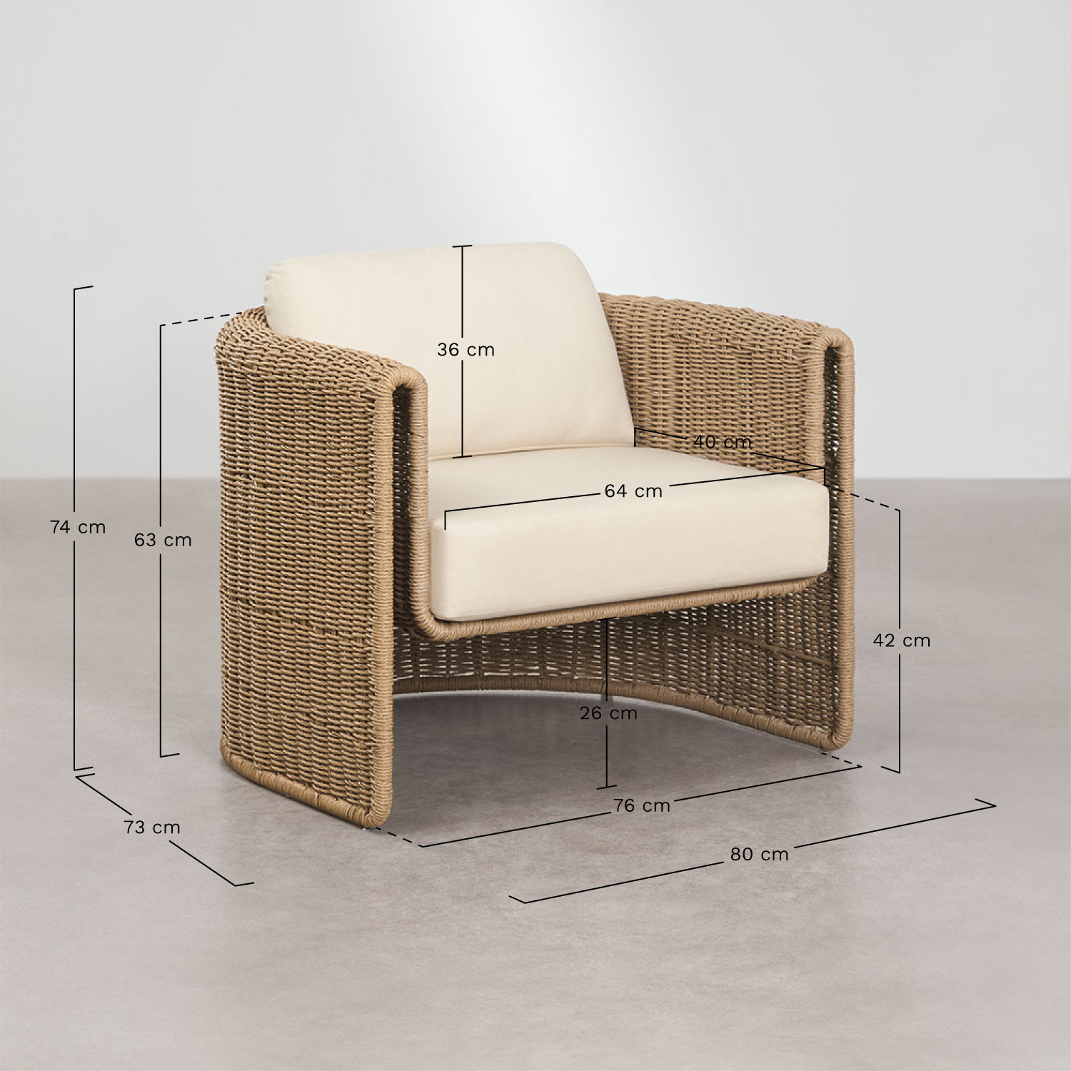 Lina armchair in steel and synthetic wicker, medidas