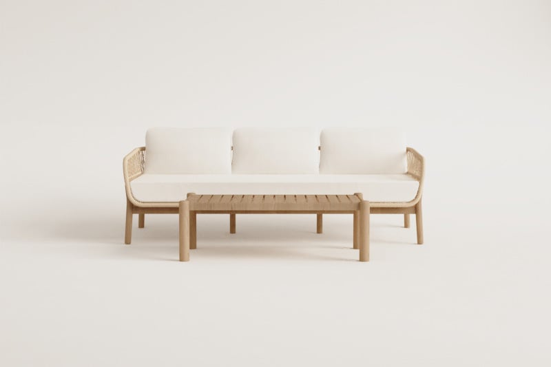 Garden set with 3-seater sofa and rectangular coffee table 120x60 cm in aluminum and acacia wood Karvia
