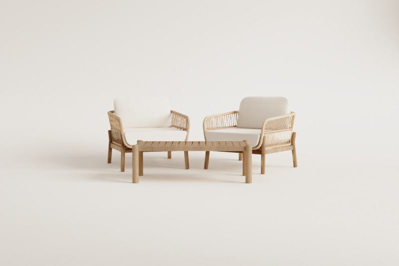 Garden set with 2 armchairs and coffee table in acacia wood and braided rope Karvia