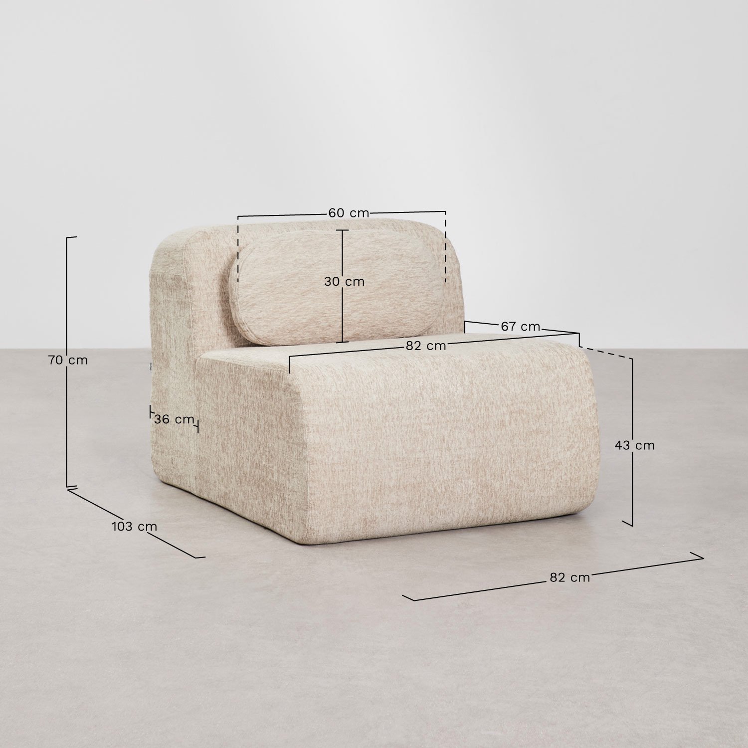 Central module for modular sofa in vacuum-packed chenille Merida, medidas