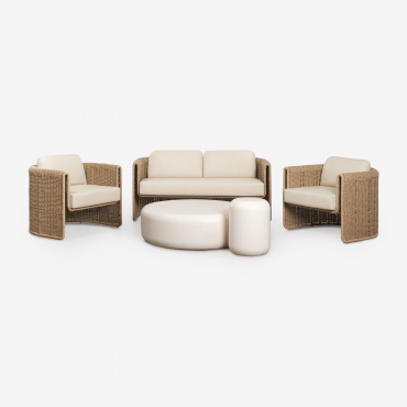 Living Room Set With 2-seater Sofa, 2 Armchairs In Steel And Synthetic Wicker Lina, And 2 Fonelas Cement Coffee Tables Fabric Gardenia White - Sklum