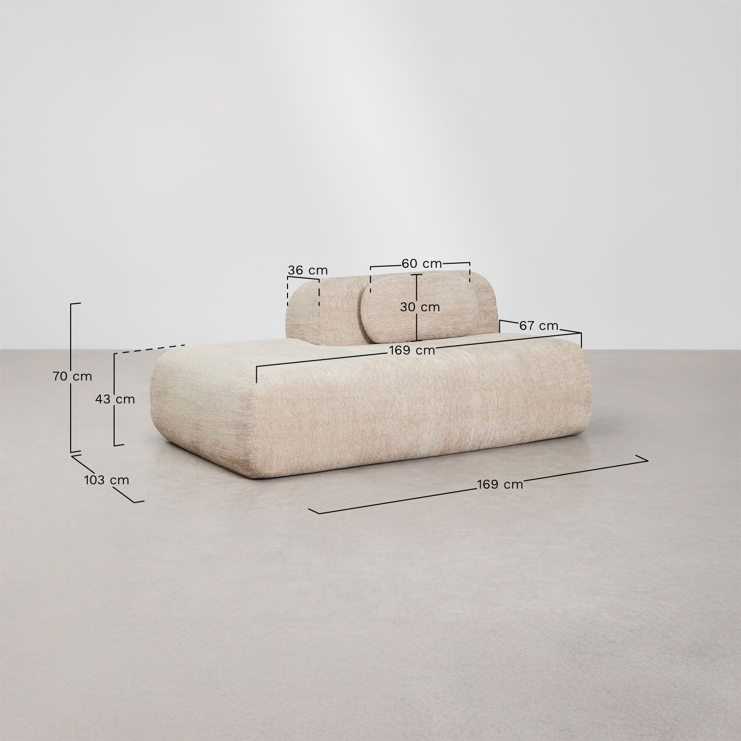 Left chaise module for modular sofa in vacuum-packed chenille Merida, medidas