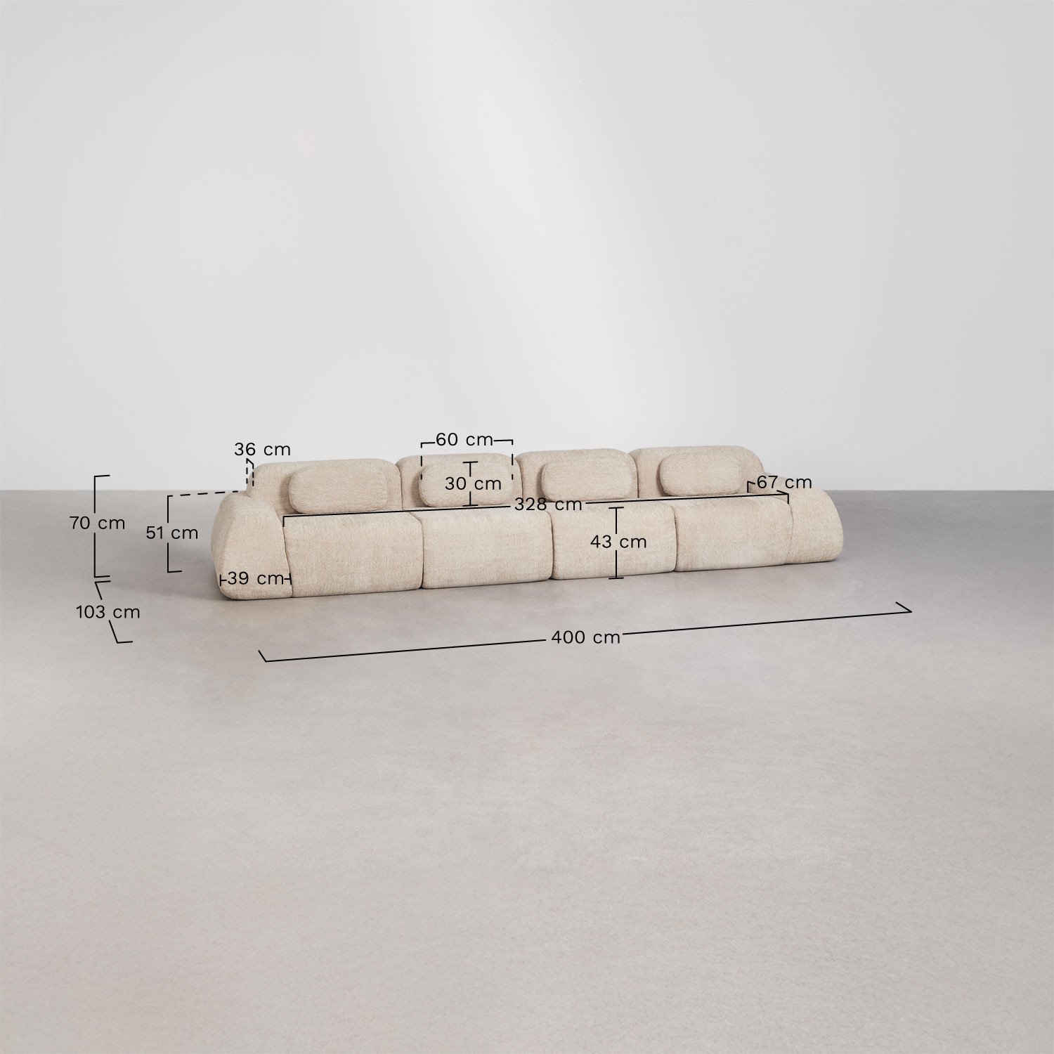 4-piece modular sofa in vacuum-packed chenille Merida, medidas