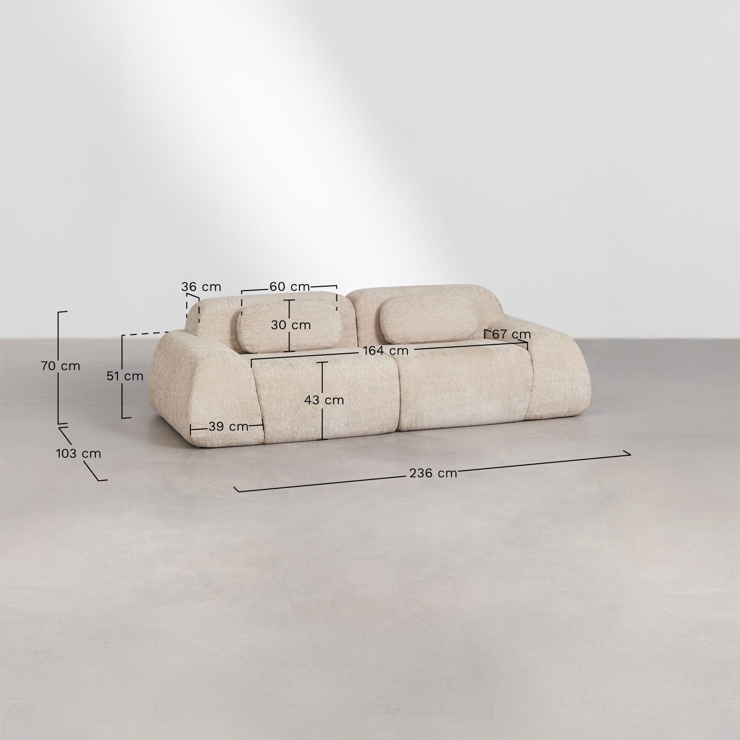 2-piece modular sofa in vacuum-packed chenille Merida, medidas