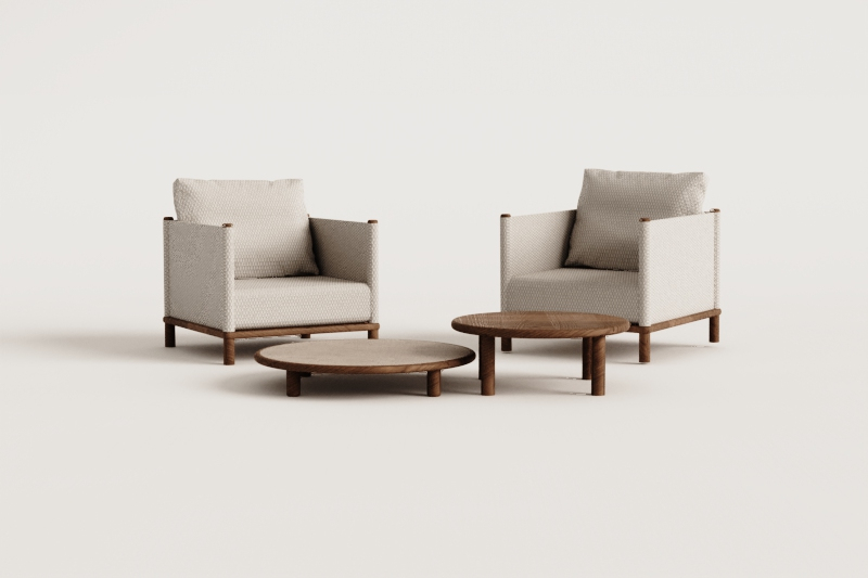 Olivia living room set with 2 armchairs and 2 round acacia wood coffee tables