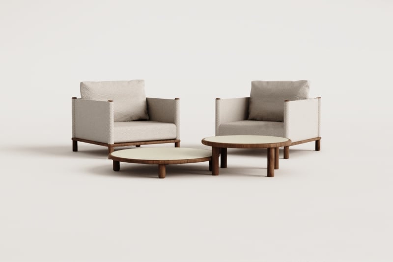 Olivia living room set with 2 armchairs and 2 round acacia wood coffee tables