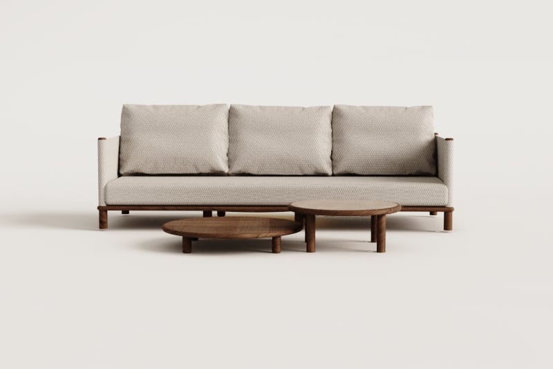 Living room set with 3-seater sofa and 2 round acacia wood coffee tables Olivia