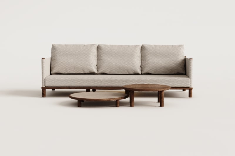 Living room set with 3-seater sofa and 2 round acacia wood coffee tables Olivia