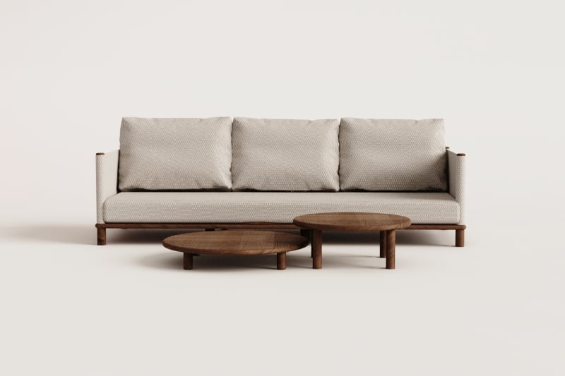 Living room set with 3-seater sofa and 2 round acacia wood coffee tables Olivia