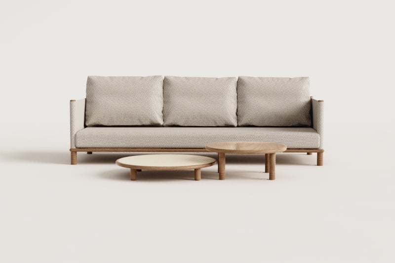 Living room set with 3-seater sofa and 2 round acacia wood coffee tables Olivia