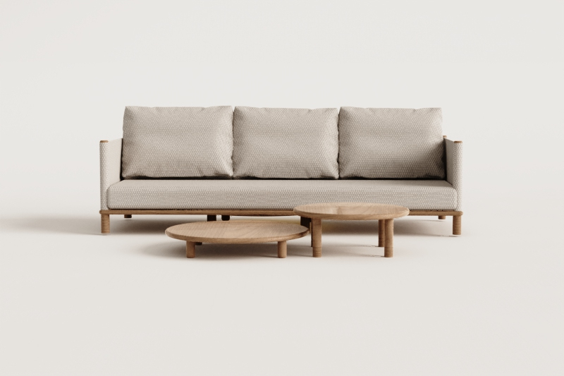 Living room set with 3-seater sofa and 2 round acacia wood coffee tables Olivia