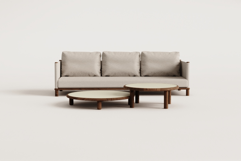 Living room set with 3-seater sofa and 2 round acacia wood coffee tables Olivia