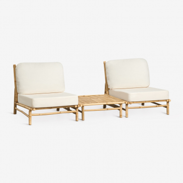 Garden Set With 2 Armchairs And 75x75 Cm Square Coffee Table In Isendra Bamboo Fabric White - Sklum