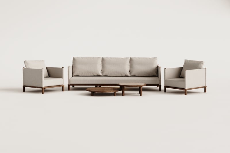 Living room set with 3-seater sofa, 2 armchairs, and 2 round acacia wood coffee tables Olivia