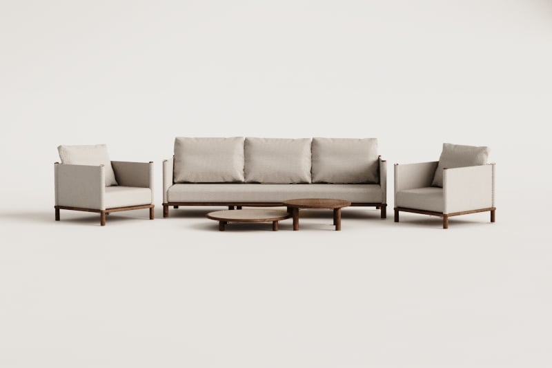 Living room set with 3-seater sofa, 2 armchairs, and 2 round acacia wood coffee tables Olivia