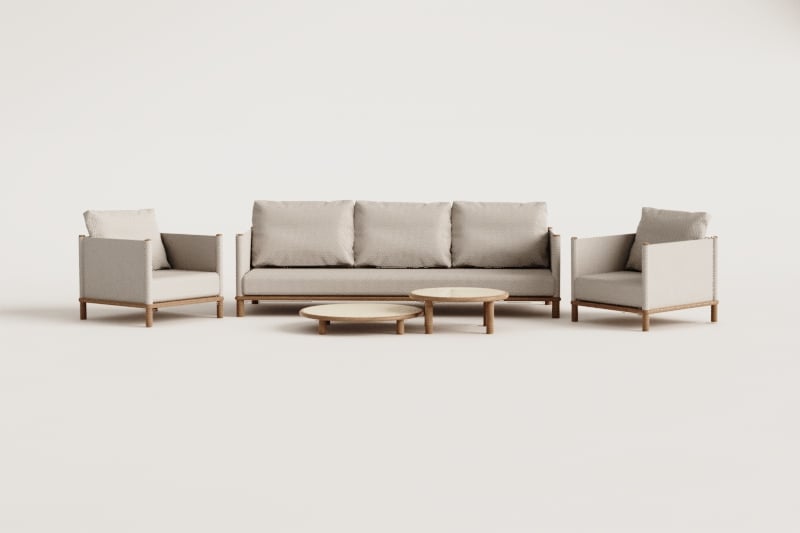 Living room set with 3-seater sofa, 2 armchairs, and 2 round acacia wood coffee tables Olivia